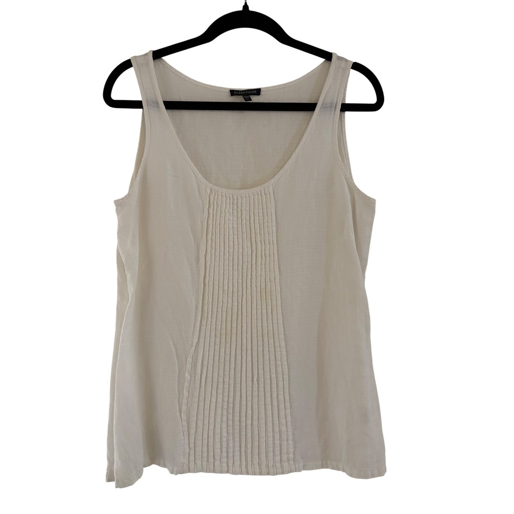 Eileen Fisher Off White Pintuck Pleated Linen Blend Sleeveless Tank Top Medium